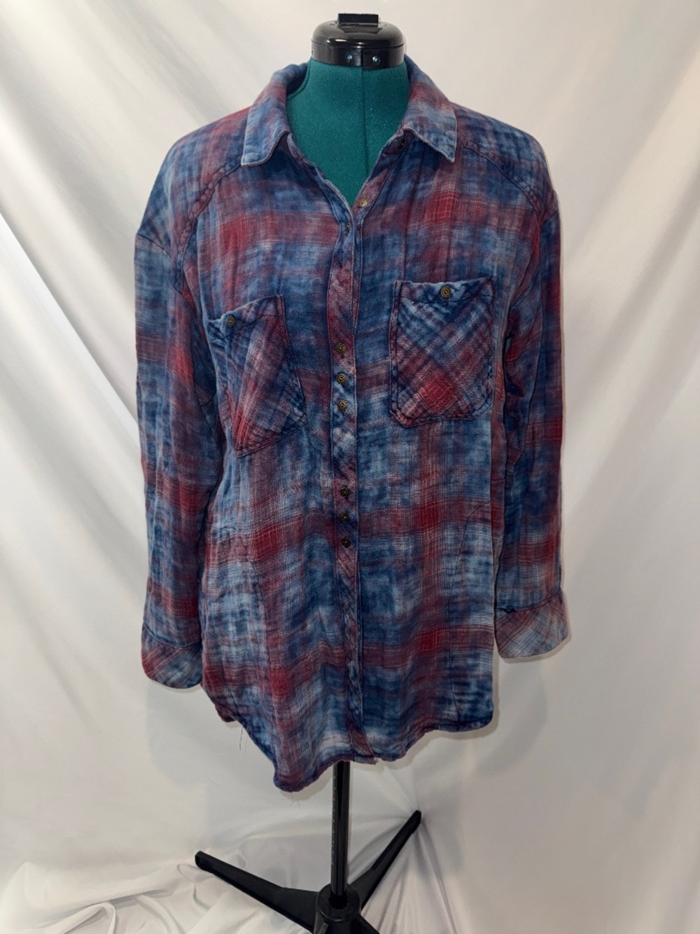Free People M Faded Double Dip Plaid Shirt Acid Wash Oversized Tunic